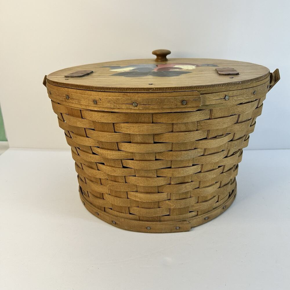 Vintage 1986 Longaberger Sewing Yarn Basket Leather Hinged Lid Painted - Picture 4 of 16